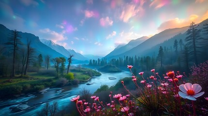 Spring Forest Mountain River in Sunlight