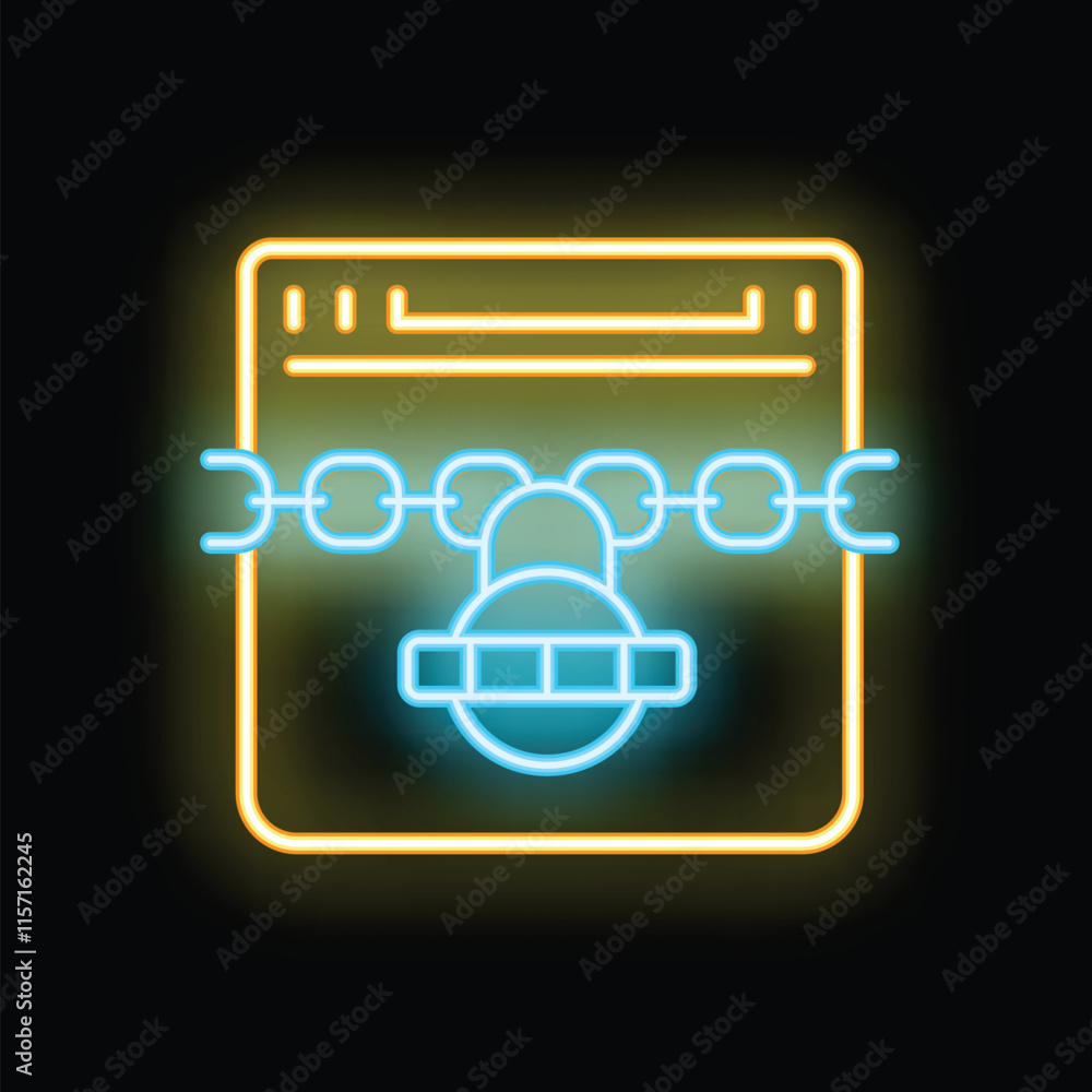 Poster glowing neon line icon representing the concept of website security with a padlock and chain