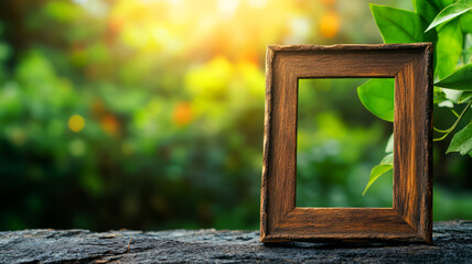 Rustic Wooden Photo Frame Surrounded by Lush Greenery Against a Soft Gentle Background