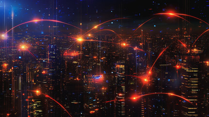 Smart digital Innovation city with connection network reciprocity over the cityscape. of future smart wireless digital city and social media networking systems that connects people with in city