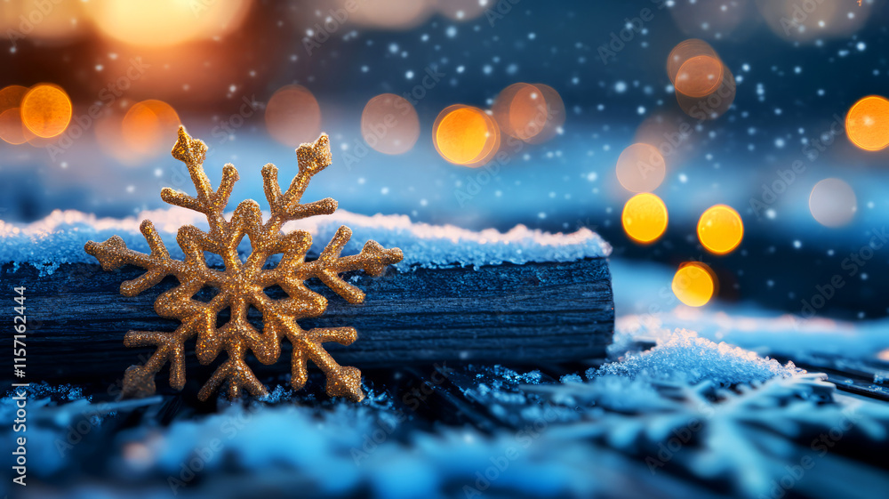 Poster golden snowflake ornament on snowy surface with blurred background and warm bokeh lights