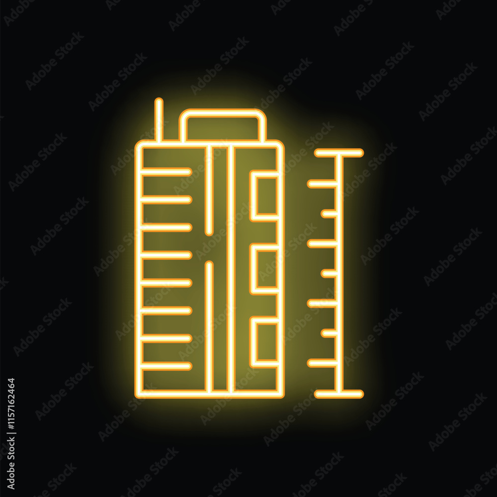 Poster glowing neon icon of building construction with measuring tape, representing concept of building mea