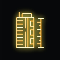 Glowing neon icon of building construction with measuring tape, representing concept of building measurement