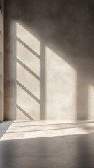 Obraz premium Bright sunlight filtering across white walled interior, casting long shadows on minimalist tiled flooring background