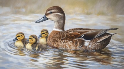Obraz premium A female pochard gracefully swims alongside adorable ducklings. The female pochard, characterized by her brown head and body, features a distinct narrower grey bill band that enhances her beauty.