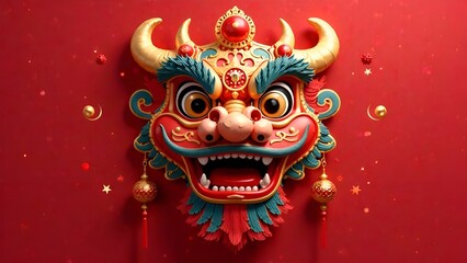 Chinese dragon mask on a red background. Picture for the Chinese New Year holiday.