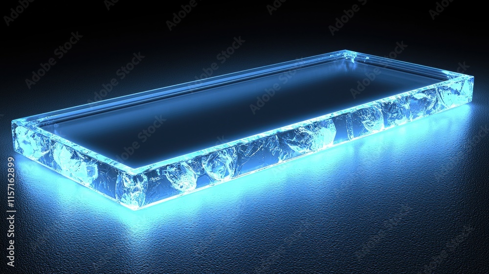 Poster a glowing rectangular ice block with a transparent edge, illuminated from below.