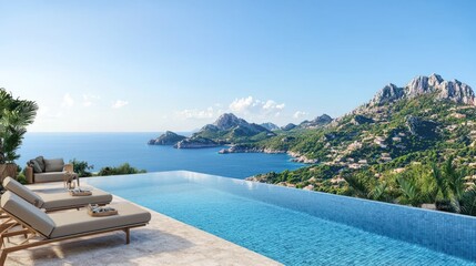 Fototapeta premium Infinity pool overlooking scenic ocean and mountains.