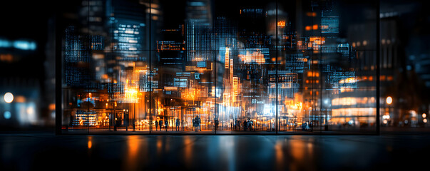 Naklejka premium Digital Cityscape, Urban Lights Reflecting Data Streams