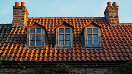 Three dormer windows on a terracotta tiled roof at sunset.