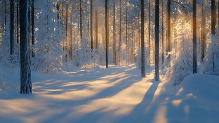 Fototapeta premium A quiet forest blanketed in fresh snow, with the soft light of the setting sun casting long shadows across the ground