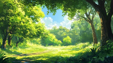 Obraz premium Bright and sunny landscape featuring vibrant green trees, showcasing a stunning natural scene with beautiful greenery that enhances the overall sunny atmosphere of the landscape.