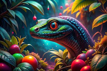 Obraz premium Forbidden Fruit: Modern Eden's Temptress - Eye Level Shot of a Serpentine Figure
