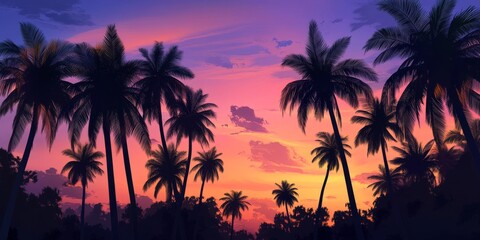 Obraz premium Serene evening sky adorned with tall coconut trees, creating a picturesque view of the tranquil atmosphere where the evening sky meets the lush silhouettes of coconut trees.