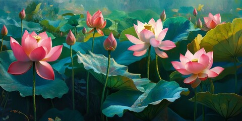 Vibrant lotus flowers bloom gracefully, showcasing colorful petals in the tranquil lake. These colorful lotus flowers thrive alongside lush green leaves, creating a stunning natural display.