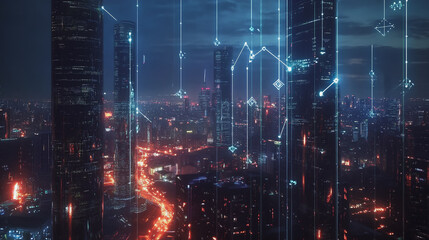 Fototapeta premium Smart digital Innovation city with connection network reciprocity over the cityscape. of future smart wireless digital city and social media networking systems that connects people with in city