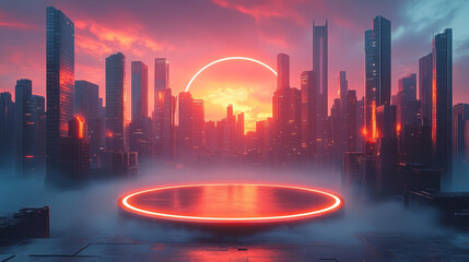 Obraz premium Sci-fi cyberpunk city themed e-commerce product booth background