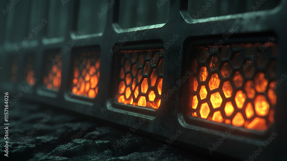 Poster glowing hexagonal grids in dark metal panel, illuminating a mysterious structure with fiery embers w