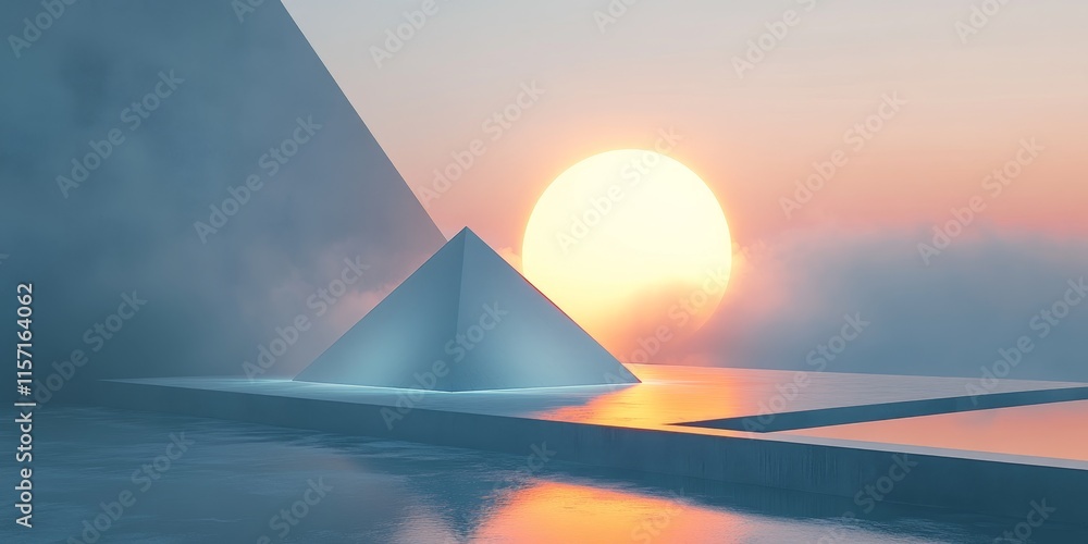 Poster a simple yet eye catching image features a luminous pyramid and circle, showcasing a minimalist desi