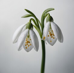 A close-up of a snowdrop flower with its tiny white petals on white.