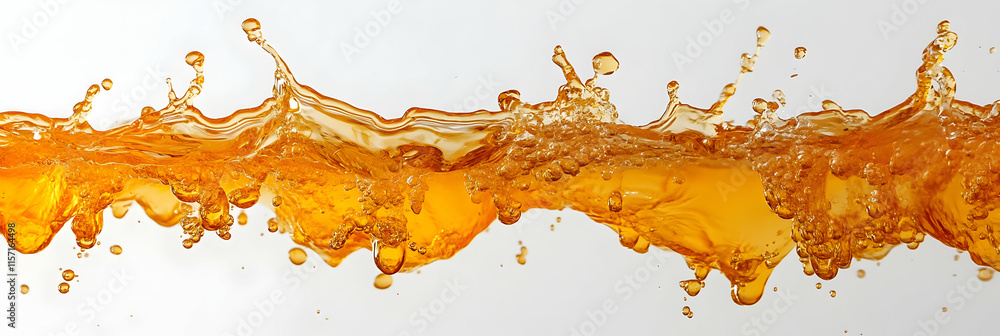 Poster amber liquid splashes dynamically, creating a vibrant wave of refreshment and energy. a cascade of g