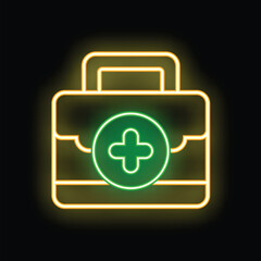 Bright green and gold neon first aid kit glowing on a black background