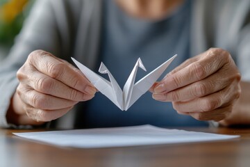 A woman is delicately holding two folded paper swans, reflecting the grace and sophistication of origami art, beautifully contrasting the simplicity of paper with elegance and style.
