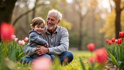 Grandfather, grandson enjoy spring day in garden. Grandfather sits on grass holding grandchild. Family bonding, joy visible. Spring flowers, plants surround. Happy moments, generations together.