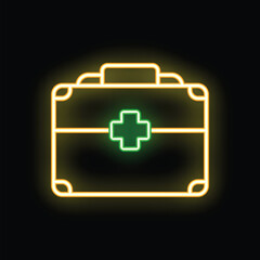 Glowing neon line first aid kit icon isolated on black background. Holistic medicine, healthcare, emergency concept. Vector illustration