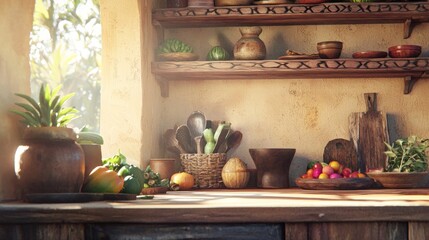Sunlit rustic kitchen counter with pottery, utensils, and produce.