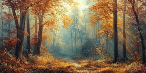 Fototapeta premium Autumn forest panorama bathed in sunlight, showcasing vibrant colors and serene beauty. This autumn forest panorama captures the essence of nature s stunning transformation in fall.