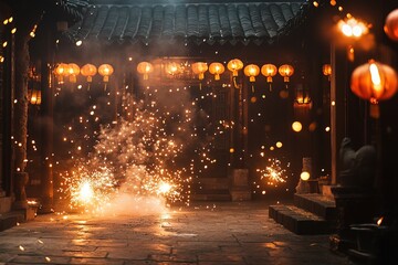 Obraz premium Vibrant festival scene illuminated by glowing lanterns and spark