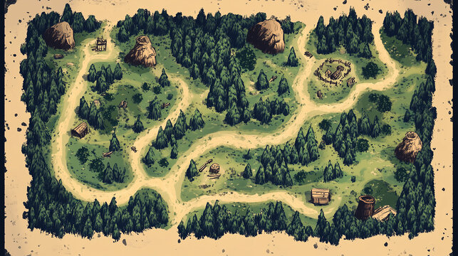 Hand drawn fantasy map with forest trails, landmarks, and rustic details