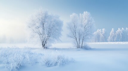 Obraz premium A quiet winter morning with fresh snow covering the ground, creating a pristine white landscape under a pale blue sky