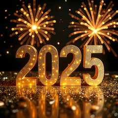 Happy new year background, Gold Happy New Year, symbolizes the start of the new year, 2025 message balloons on a black background with decoration party.