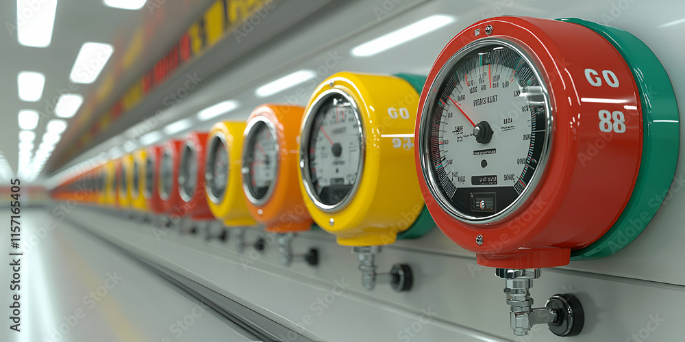 Poster industrial gauges row, monitoring system displays values accurately