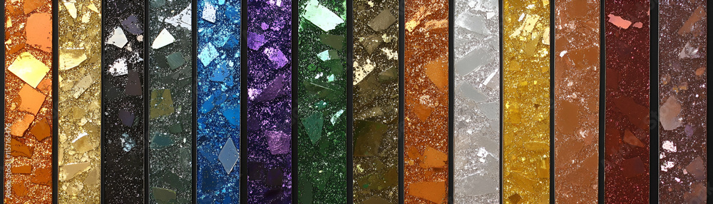 Poster shimmering spectrum, a tapestry of colorful glitter and sparkle, arranged vertically in parallel lin