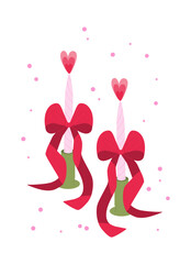 Valentine's Day сard with cute candles, hearts and big red bows. Holiday postcard, banner in minimalist and hand-drawn flat styles. Vector illustration