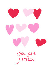 Valentine's Day greeting сard modern designs with different heart shapes and lettering. Postcard in minimalist hand-drawn flat style. Vector illustration poster in pink and red colors