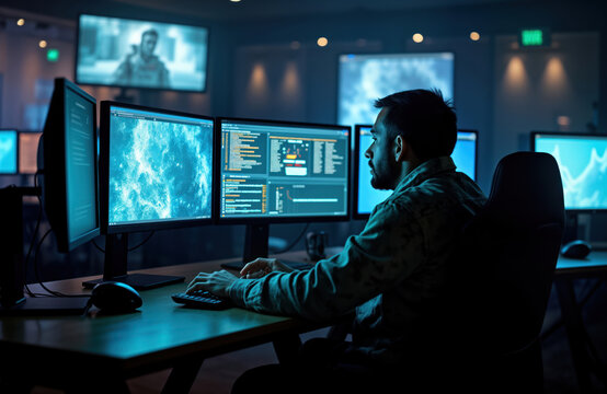 Soldier in dark room monitors multiple computer screens. Military tech expert analyses data on multiple screens. Surveillance tech operation in progress. Nighttime security control room. Focus on
