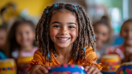 Fototapeta premium Happy Child Plays Music with Drums