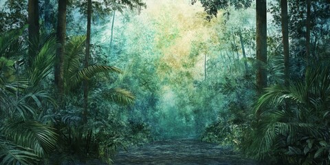 Obraz premium Tropical forest scenery, showcasing a front perspective of the rainforests wild nature, represented through modern artistic expression in contemporary art.