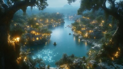 Fototapeta premium Enchanting River Village Illuminated At Night