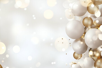 Elegant White & Gold Festive Balloons Float, Celebrating Joyfully with Sparkling Confetti.