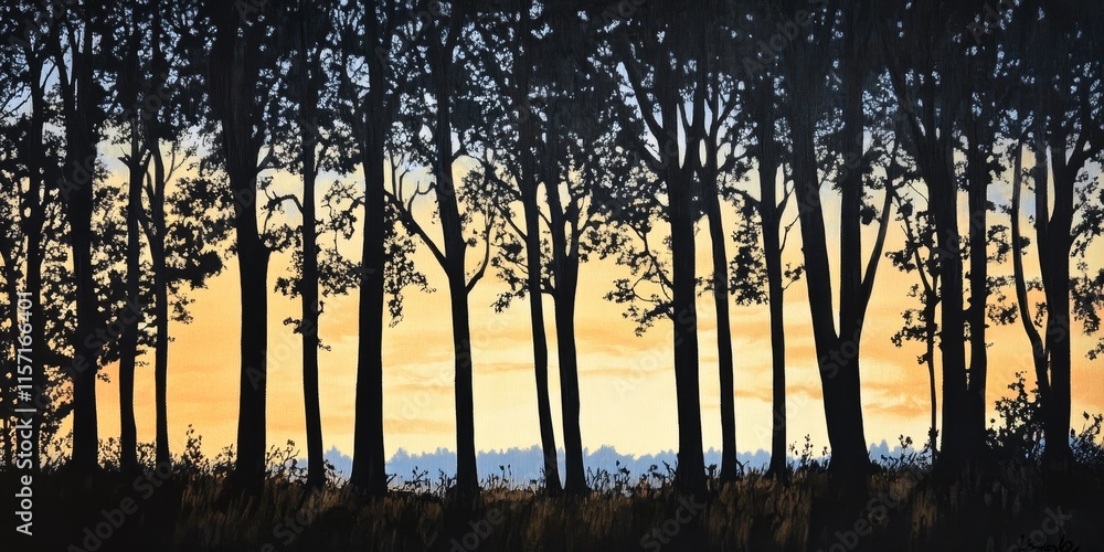 Poster silhouettes of trees create a captivating evening scene as the fading light casts stunning shadows, 