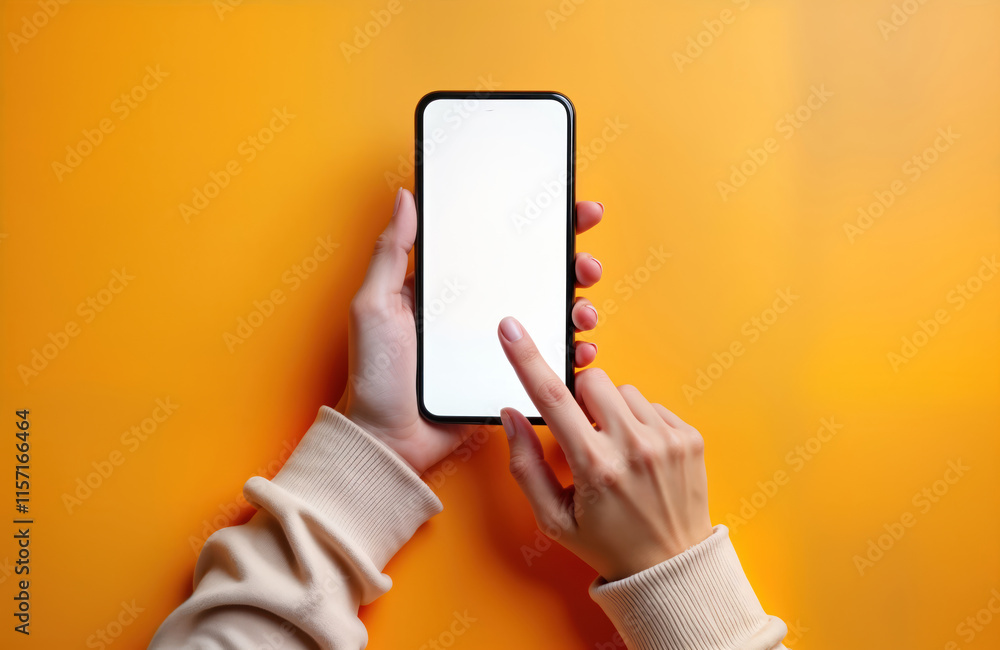 Leinwandbilder woman hands hold smartphone with blank screen. top view on female hands using mobile phone. modern t