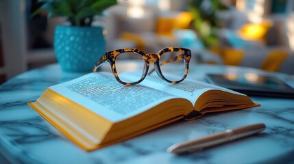 Open book, glasses, pen, tablet on table.