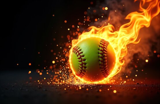 Fiery softball ball in mid-air. Burning softball glows intensely with sparks, smoke on black background. Dynamic action shot. Sport ball in flames. Fast pitch. Energetic motion. Intense heat.