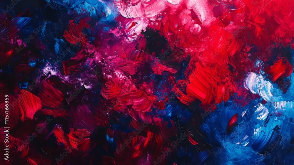 Poster vibrant impressionist texture featuring a dynamic interplay of red and blue hues, showcasing a color