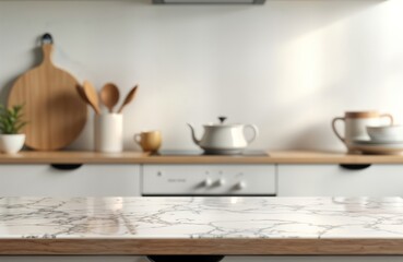 Stylish marble countertop sits on wooden platform. Blurred kitchen items, dishes in light-filled kitchen background. Modern interior design concept. Empty space ready for product placement logo.